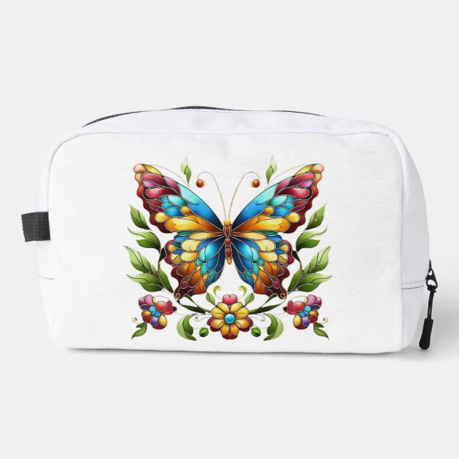 Colourful stained glass butterfly with flowers dopp kit (Front)