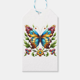 Colourful stained glass butterfly with flowers gift tags