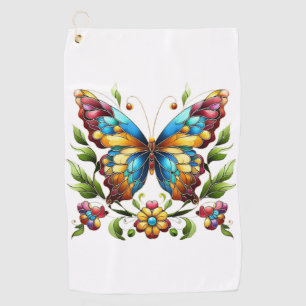 Colourful stained glass butterfly with flowers golf towel