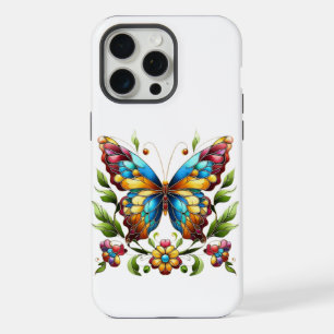 Colourful stained glass butterfly with flowers iPhone 15 pro max case