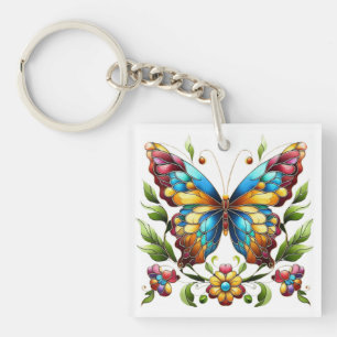 Colourful stained glass butterfly with flowers key ring