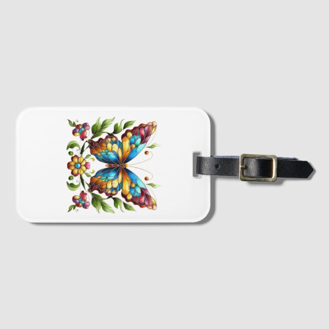 Colourful stained glass butterfly with flowers luggage tag (Front Horizontal)