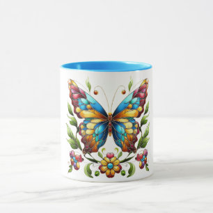 Colourful stained glass butterfly with flowers mug