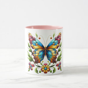 Colourful stained glass butterfly with flowers mug