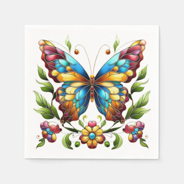 Colourful stained glass butterfly with flowers napkin (Front)