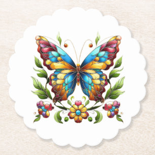 Colourful stained glass butterfly with flowers paper coaster