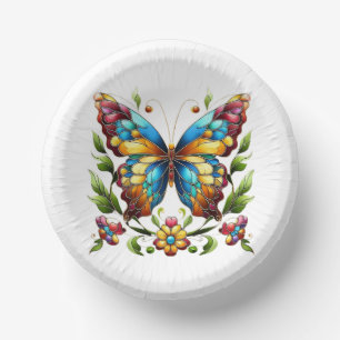 Colourful stained glass butterfly with flowers paper plate