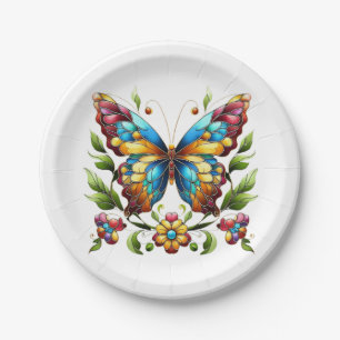 Colourful stained glass butterfly with flowers paper plate