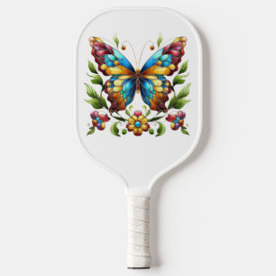 Colourful stained glass butterfly with flowers pickleball paddle