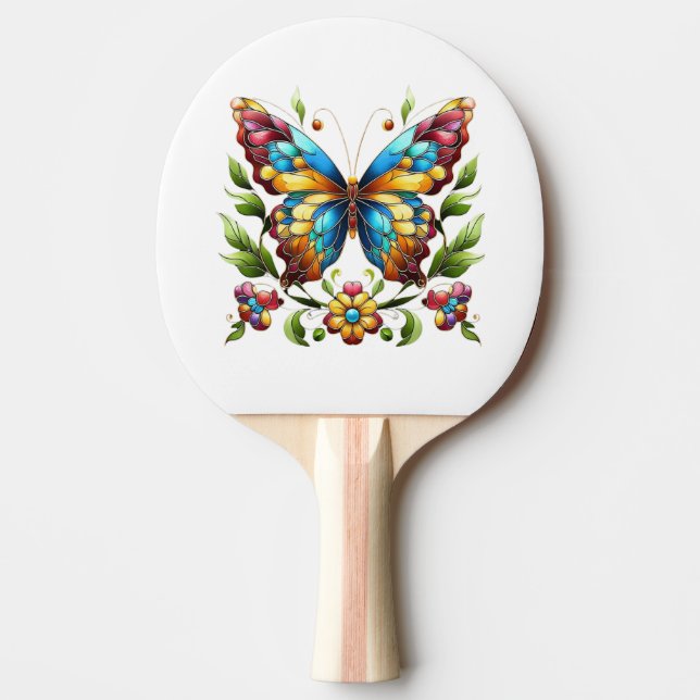 Colourful stained glass butterfly with flowers ping pong paddle (Front)