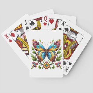 Colourful stained glass butterfly with flowers playing cards