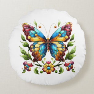 Colourful stained glass butterfly with flowers round cushion