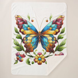 Colourful stained glass butterfly with flowers sherpa blanket