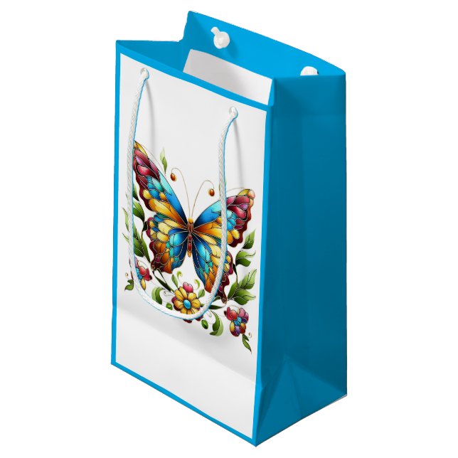 Colourful stained glass butterfly with flowers small gift bag (Front Angled)