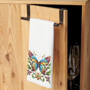 Colourful stained glass butterfly with flowers tea towel