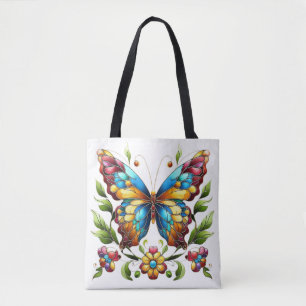 Colourful stained glass butterfly with flowers tote bag