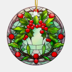 Colourful Stained Glass Christmas Holly Wreath Ceramic Tree Decoration