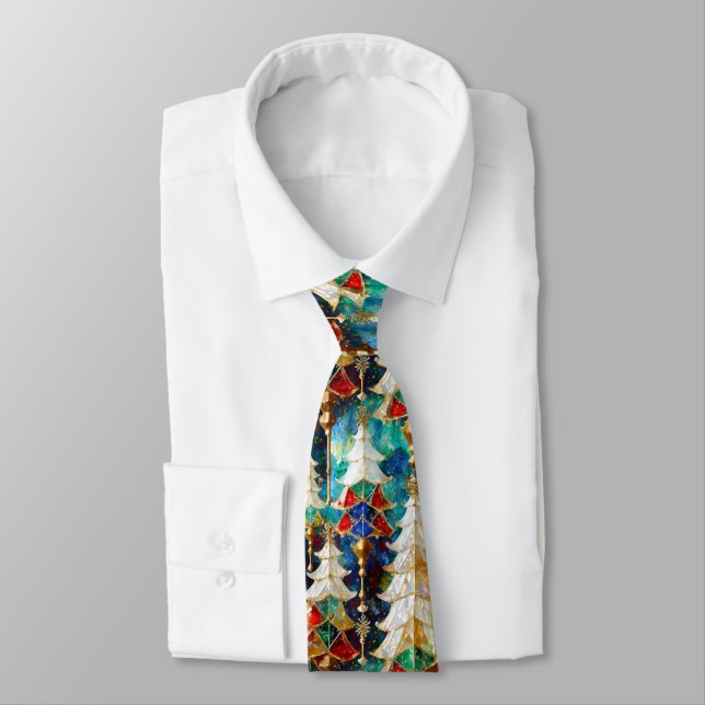 Colourful Stained Glass Christmas Trees Tie (Tied)
