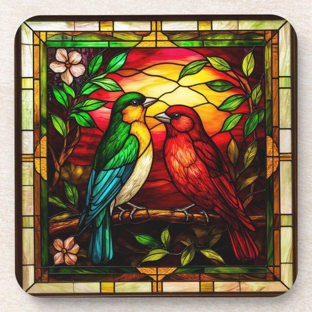 Colourful Stained Glass Depicting Two Birds Coaster (Front)