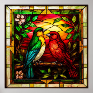 Colourful Stained Glass Depicting Two Birds Poster