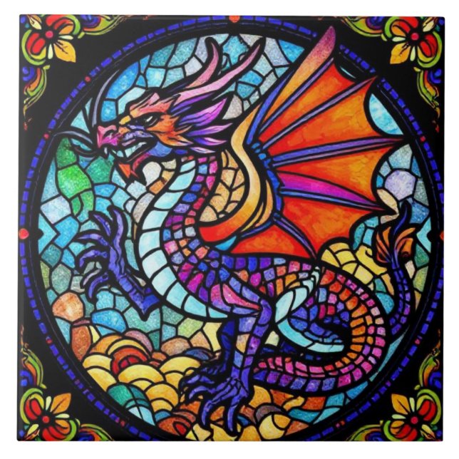 Colourful Stained Glass Dragon Mosaic Tile (Front)