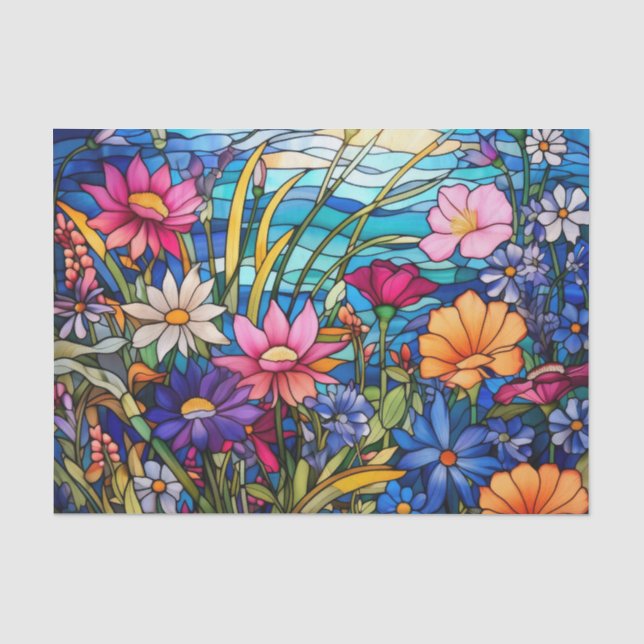 Colourful Stained Glass Effect Flowers Decoupage Tissue Paper (Front)