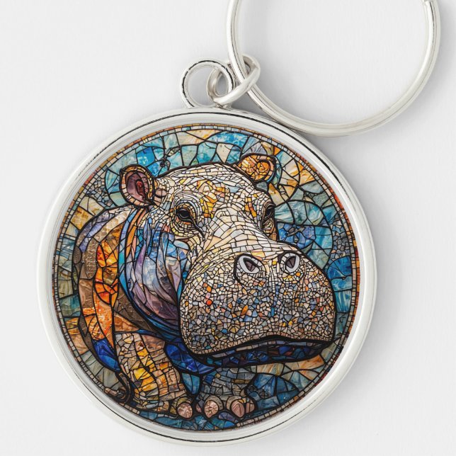 Colourful Stained Glass Hippo Key Ring (Front)