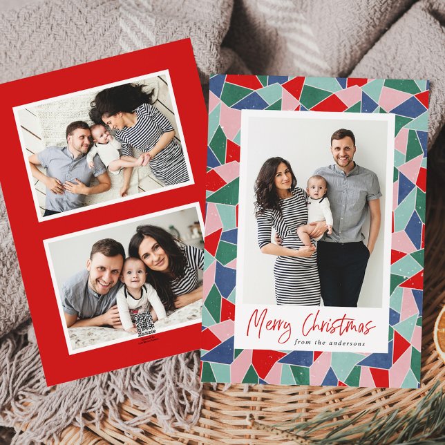 Colourful Stained Glass Merry Christmas 3 Photo Holiday Card (Creator Uploaded)