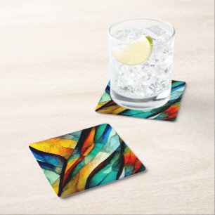 Colourful Stained Glass Mosaic Abstraction Square Paper Coaster