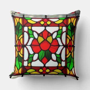 Colourful Stained Glass Red Flower Cushion