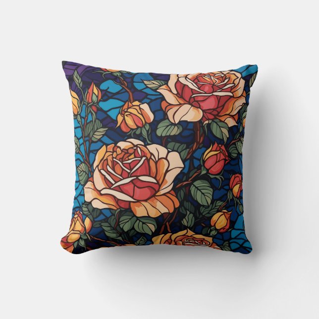 Colourful Stained Glass Roses Botanical  Cushion (Front)