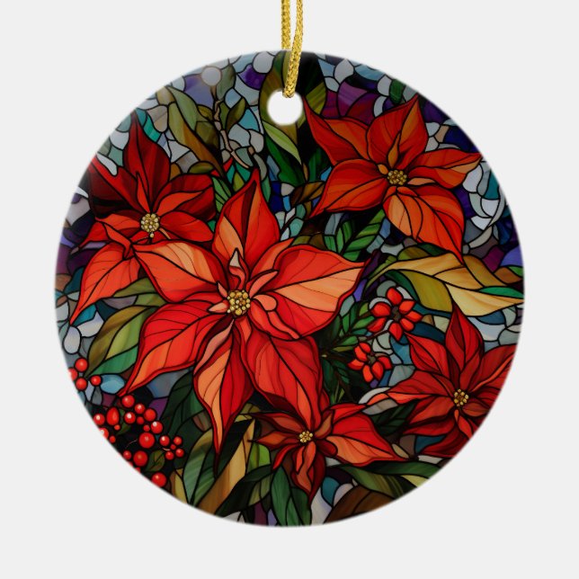 Colourful Stained Glass Style Poinsettias & Holly Ceramic Tree Decoration (Front)