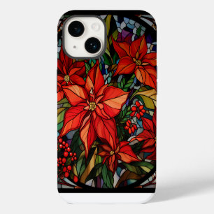 Colourful Stained Glass Style Poinsettias & Holly iPhone 14 Case