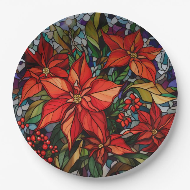 Colourful Stained Glass Style Poinsettias & Holly Paper Plate (Front)