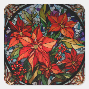 Colourful Stained Glass Style Poinsettias & Holly Square Sticker