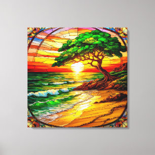 Colourful Stained Glass Sunset Over Beach Canvas Print