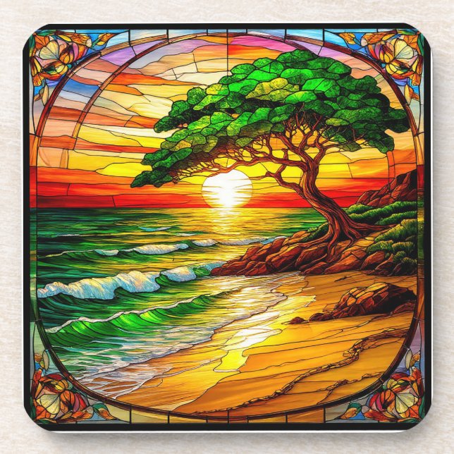 Colourful Stained Glass Sunset Over Beach Coaster (Front)