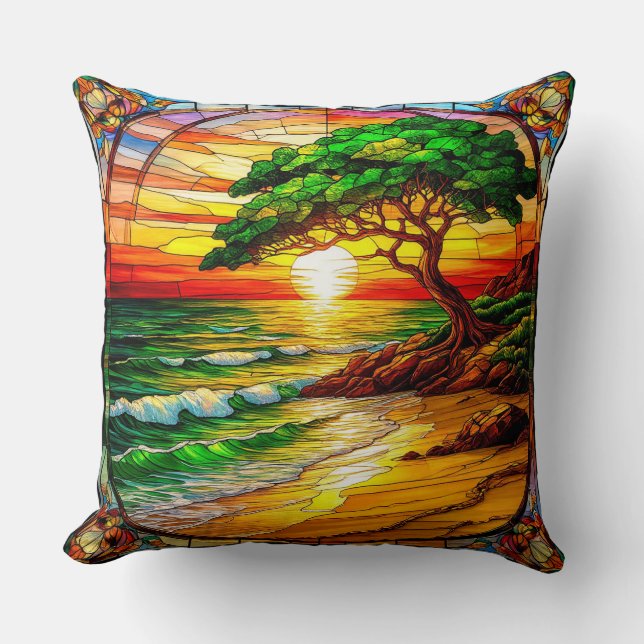 Colourful Stained Glass Sunset Over Beach Cushion (Front)