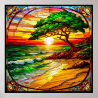 Colourful Stained Glass Sunset Over Beach