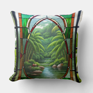 Colourful Stained Glass Window Nature Scene Cushion