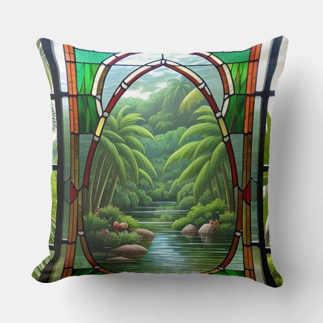 Colourful Stained Glass Window Nature Scene Cushion (Front)