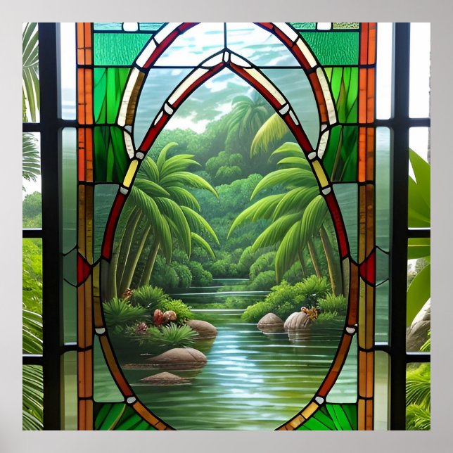 Colourful Stained Glass Window Nature Scene Poster (Front)