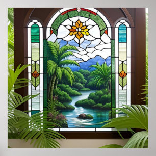 Colourful Stained Glass Window Nature Scene Poster