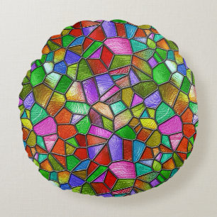 Colourful Stained Glass Window Pattern 🌈 Round Cushion