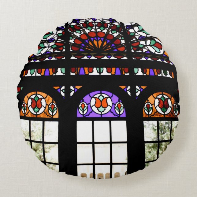 Colourful Stained Glass Window Round Cushion (Front)