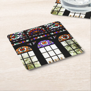 Colourful Stained Glass Window Square Paper Coaster