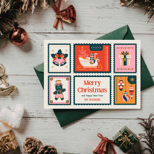 Colourful Stamps Merry Christmas Greeting Holiday Card