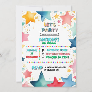 Colourful Star Theme 12th Birthday for Kids Invitation