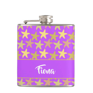 Colourful starfish on purple hip flask