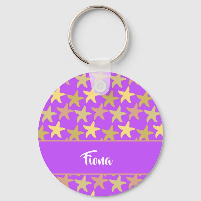 Colourful starfish on purple key ring (Front)